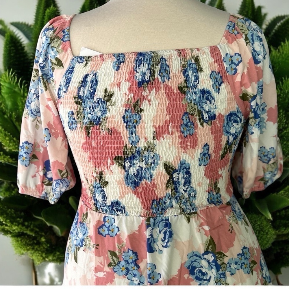 NWT!Floral Pink & Blue Off/On Shoulder Pocket Dress Size 10 or Medium - Picture 5 of 9